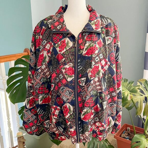 EVR Jackets & Blazers - Vintage 80s EVR red and navy floral zip up jacket. 100% silk size XL